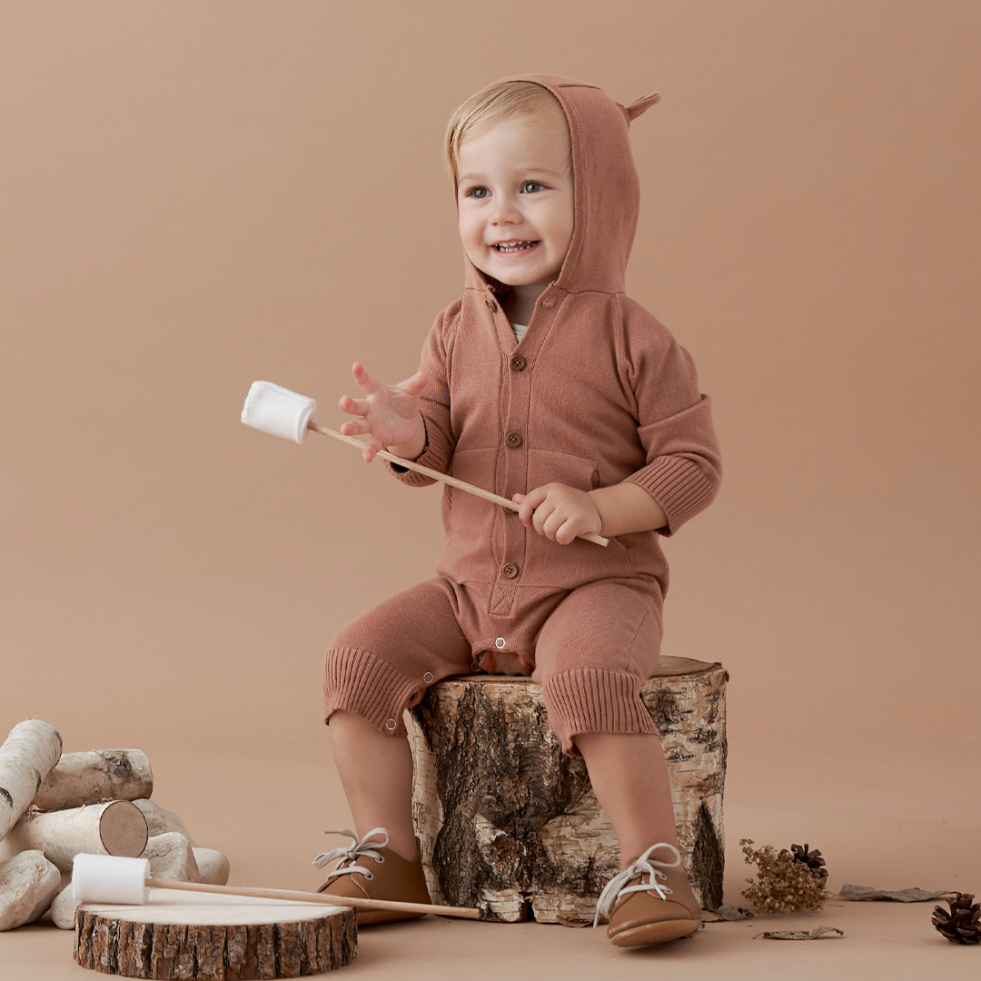 Rust Hooded Cotton Knit Baby Jumpsuit