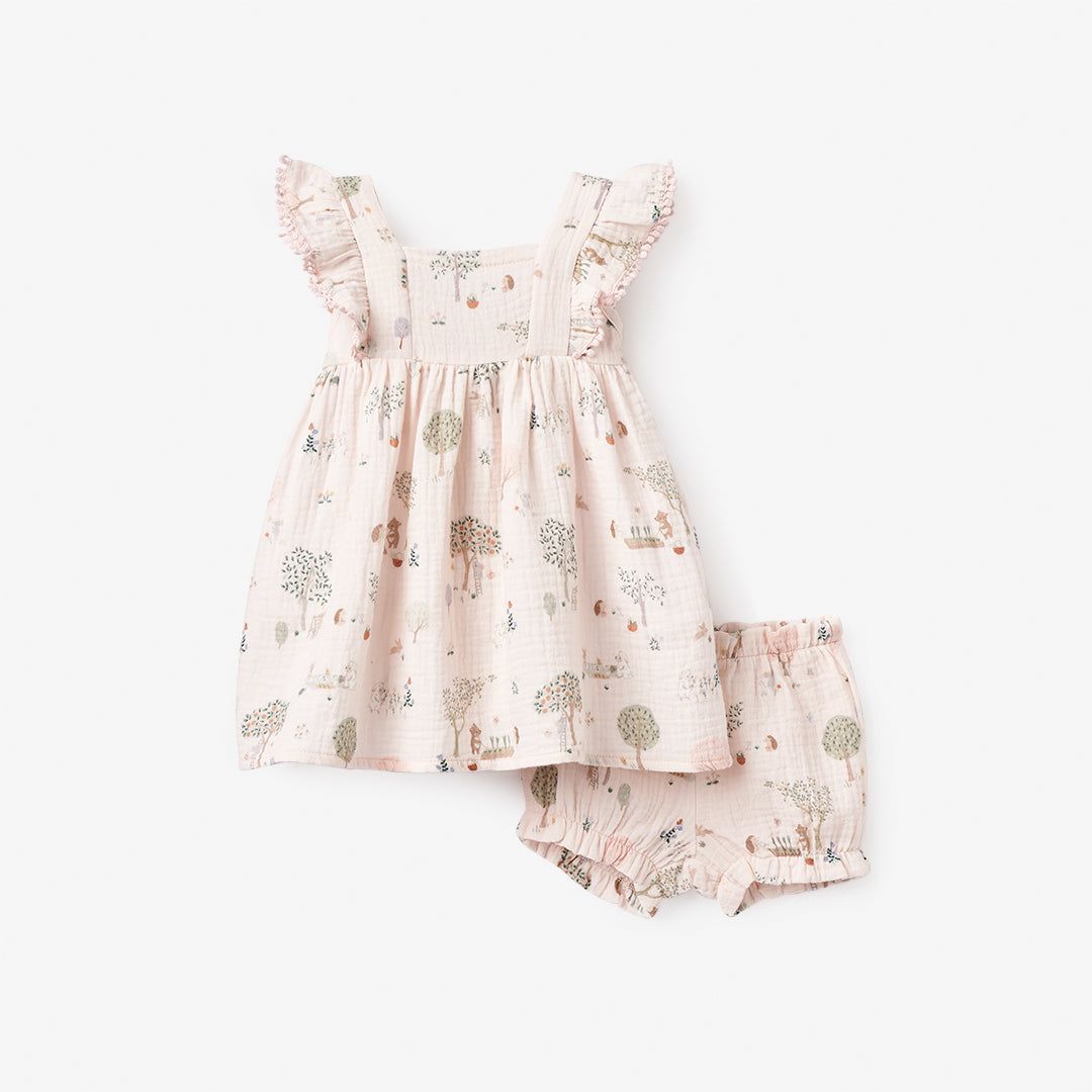 Garden Picnic Lace Edge Organic Muslin Dress w/ Bloomer