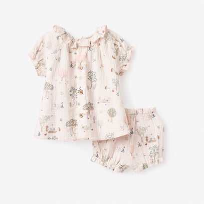 Garden Picnic Organic Muslin Ruffle Collar Top + Bloomer Set