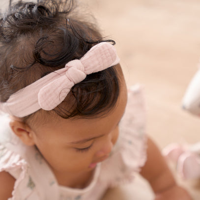 Organic Muslin Bow Headband Set Taupe/Blush 2PC