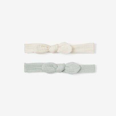 Organic Muslin Bow Headband Set Aqua/White 2PC
