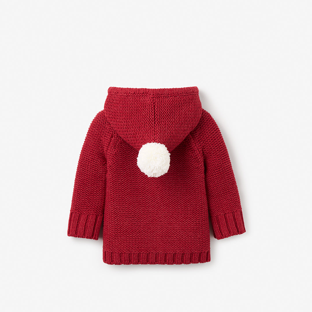 Red Chunky Hooded Pom Pom Cardigan