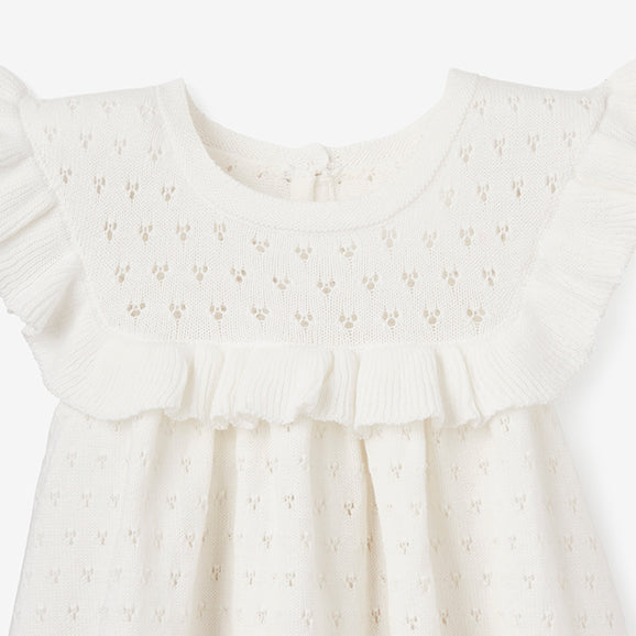 White Pointelle Flutter Sleeve Knit Baby Dress