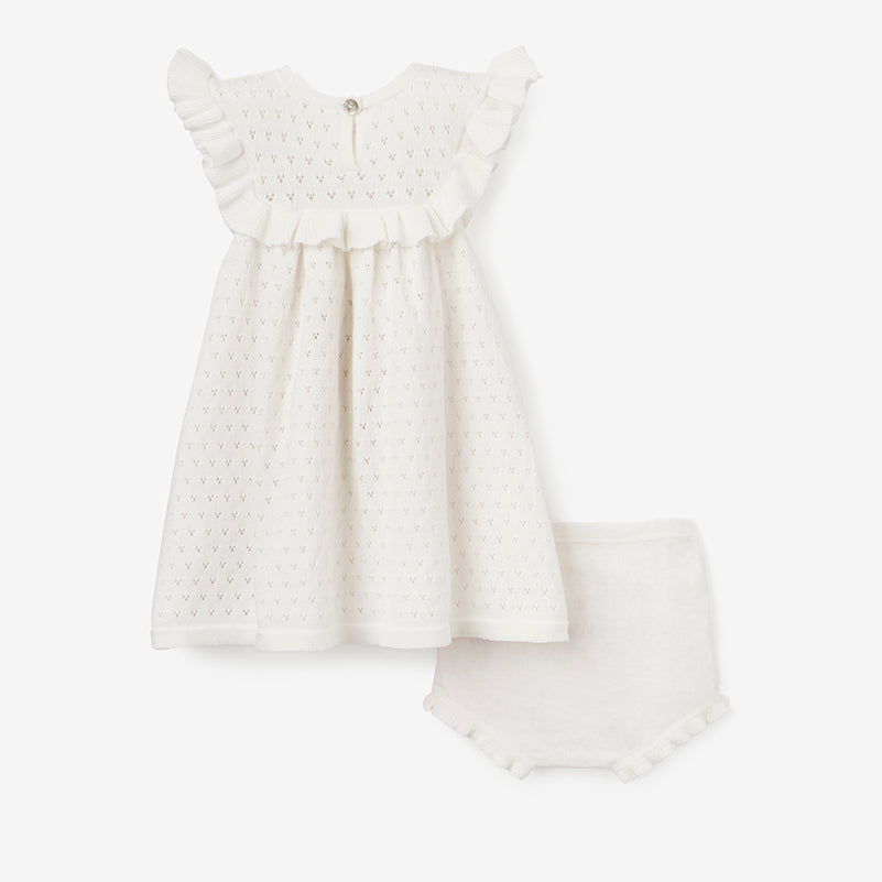 White Pointelle Flutter Sleeve Knit Baby Dress