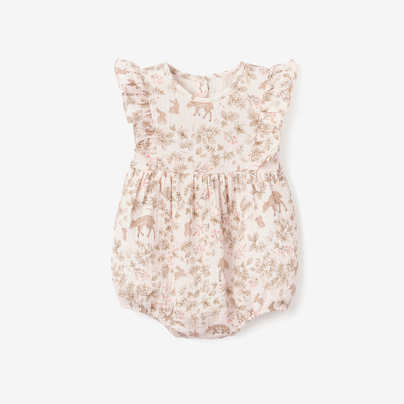 Woodland Print Organic Muslin Bubble Baby Romper – Elegant Baby