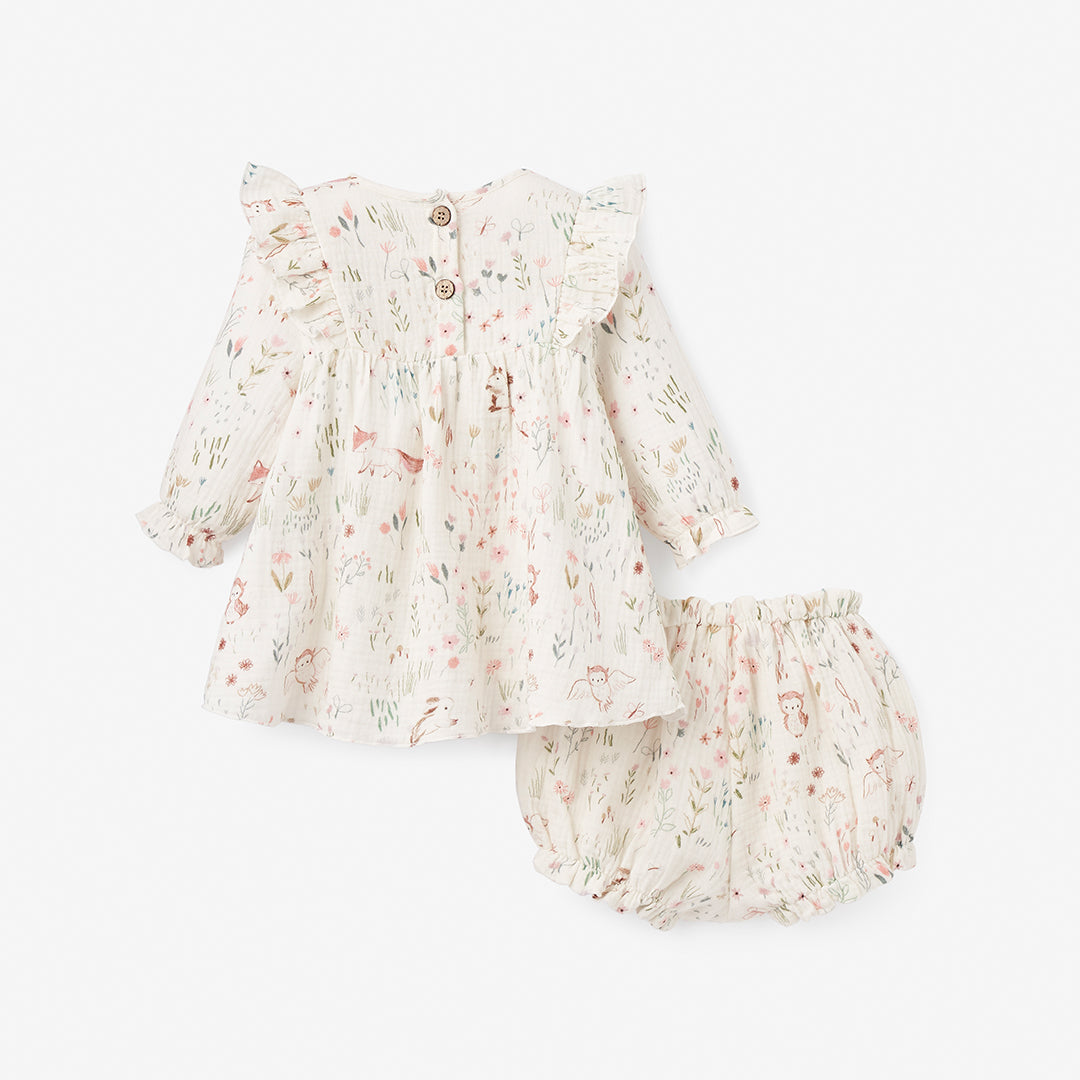 Owl Print Flutter Organic Muslin Baby Dress + Bloomer