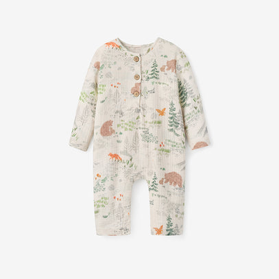 Bear Print Long Sleeve Organic Muslin Baby Jumpsuit