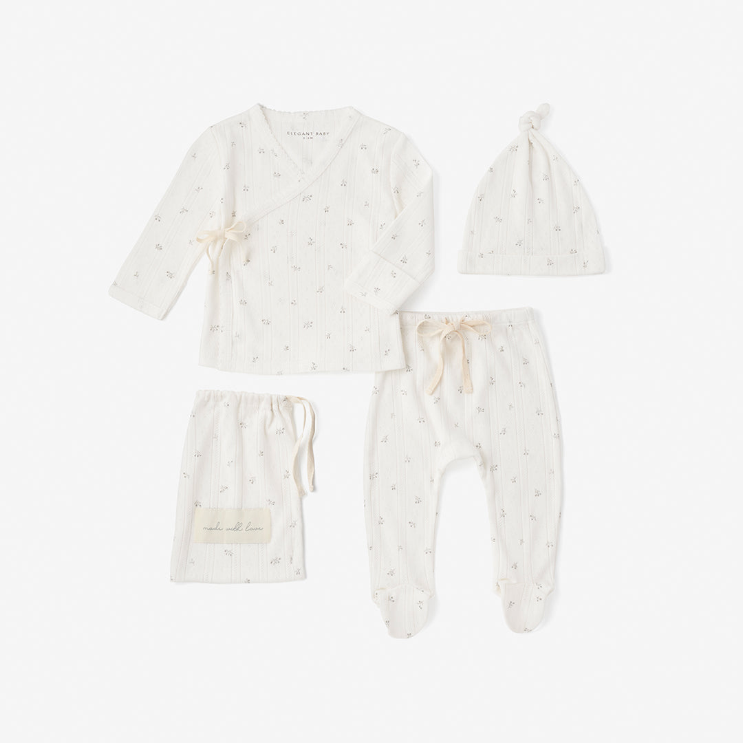 White Floral Organic Cotton Pointelle Layette 2 Pc Gift Set