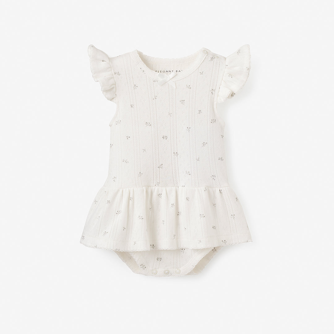 White Floral Organic Pointelle Cotton Baby Bubble Romper White Floral Organic Pointelle Cotton Baby Bubble Romper