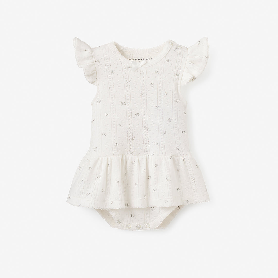 White Floral Organic Pointelle Cotton Baby Bubble Romper