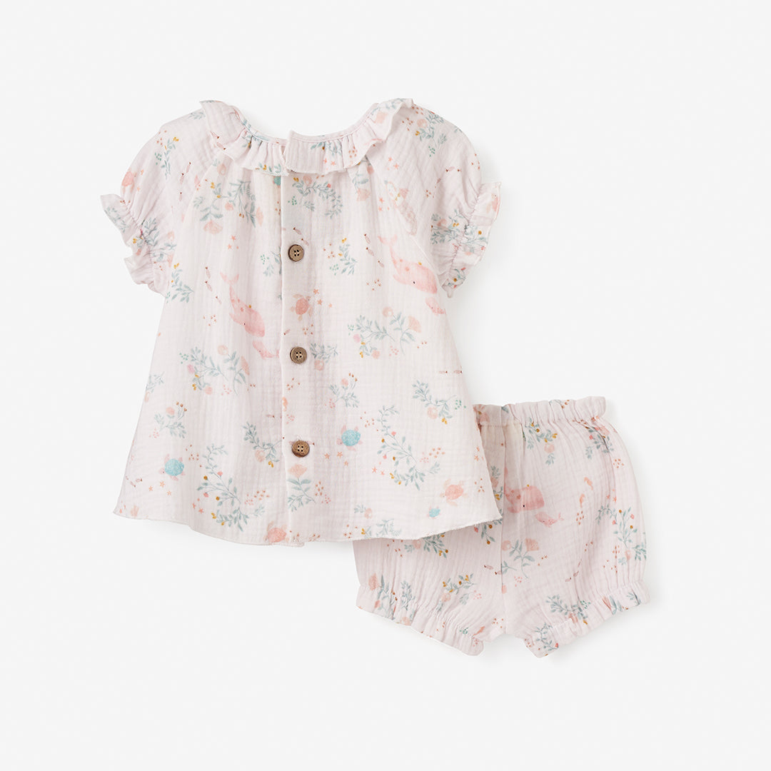 Sea Magic Organic Muslin Ruffle Collar Top + Bloomer Set