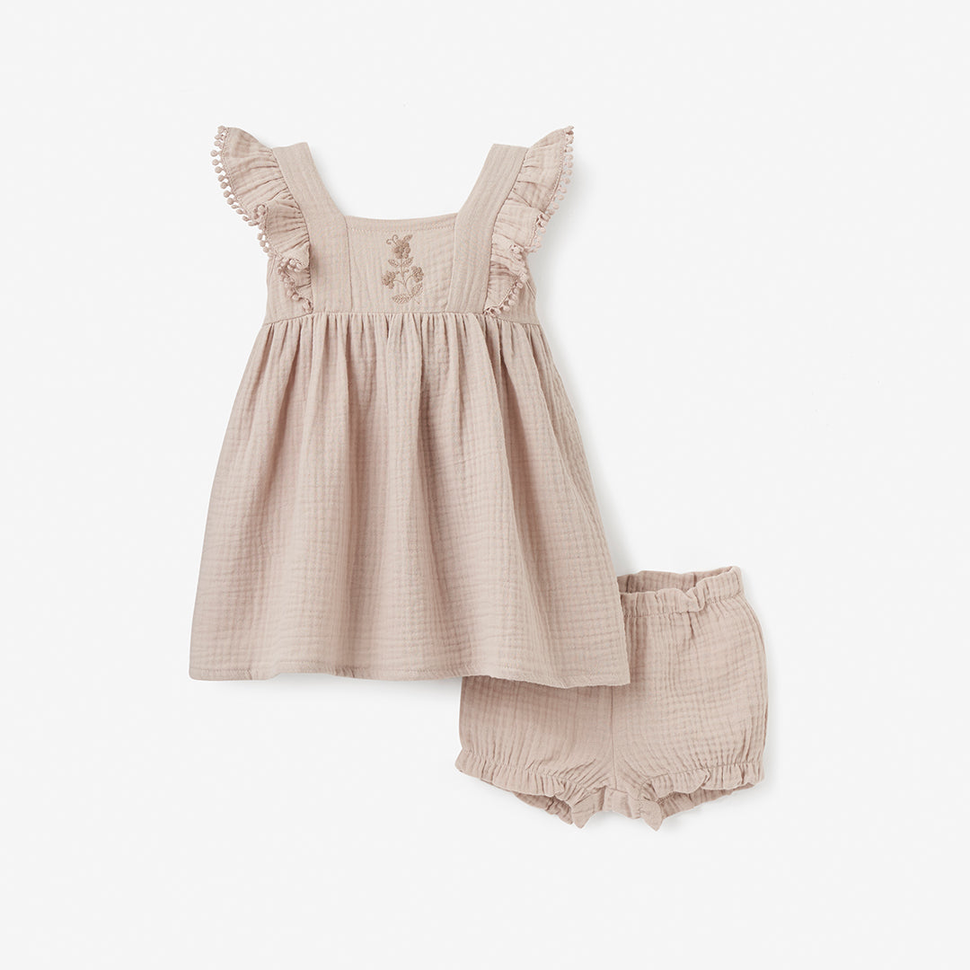 Taupe Embroidered Organic Muslin Flutter Dress Set