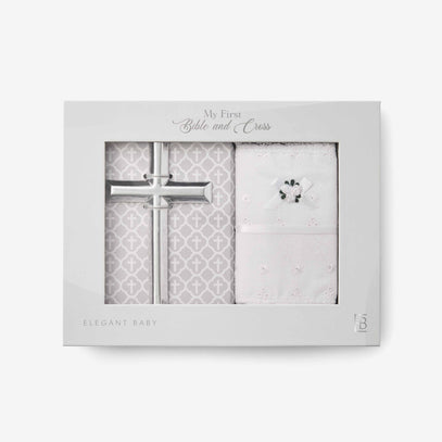 Eyelet Covered Bible & Cross Christening Gift Set