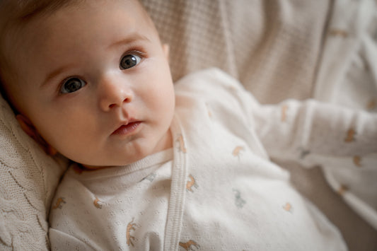 A newborn baby wearing a onesie made of organic cotton from Elegant Baby