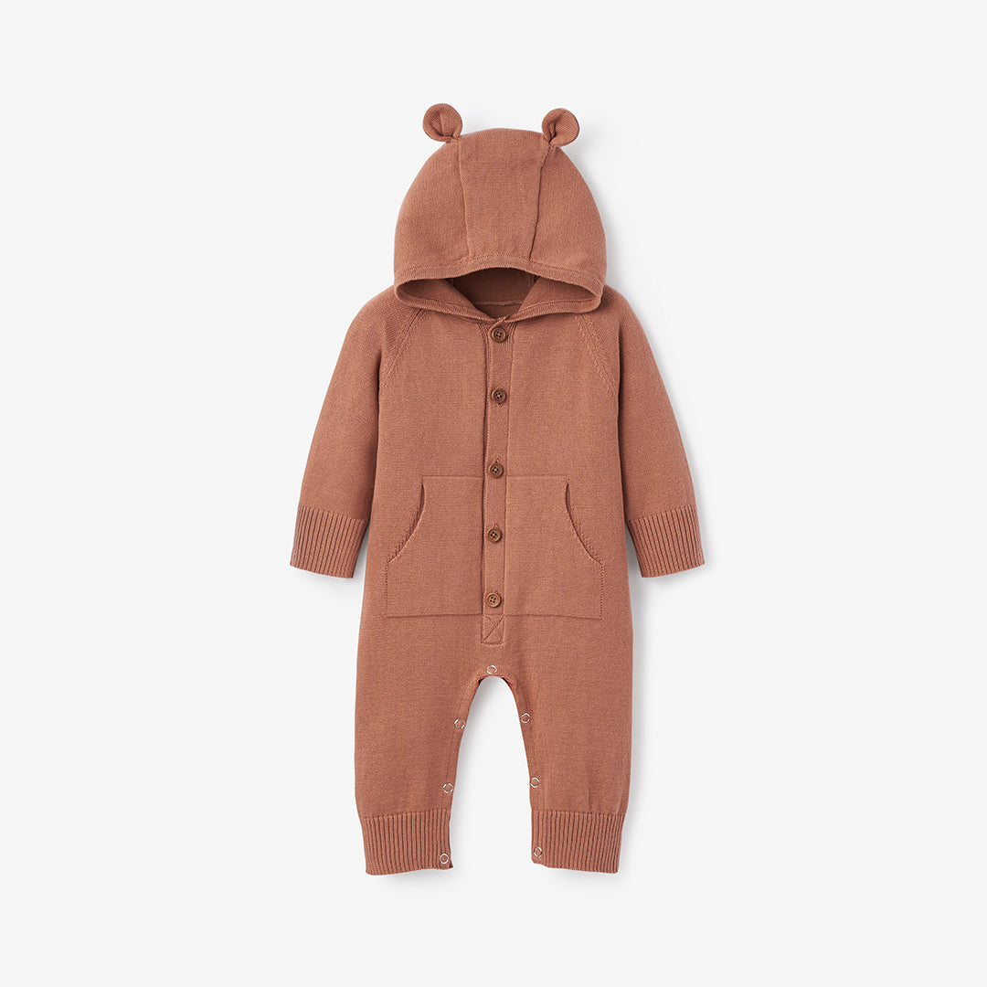Rust Hooded Cotton Knit Baby Jumpsuit