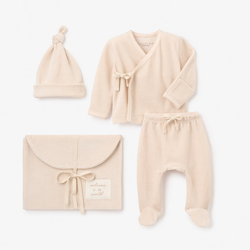 Taupe Velour Welcome to the World Layette Set – Elegant Baby