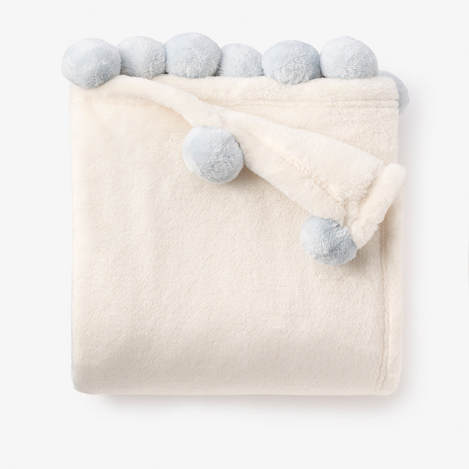 Pale Blue Pom Trim Fleece Baby Stroller Blanket Elegant Baby