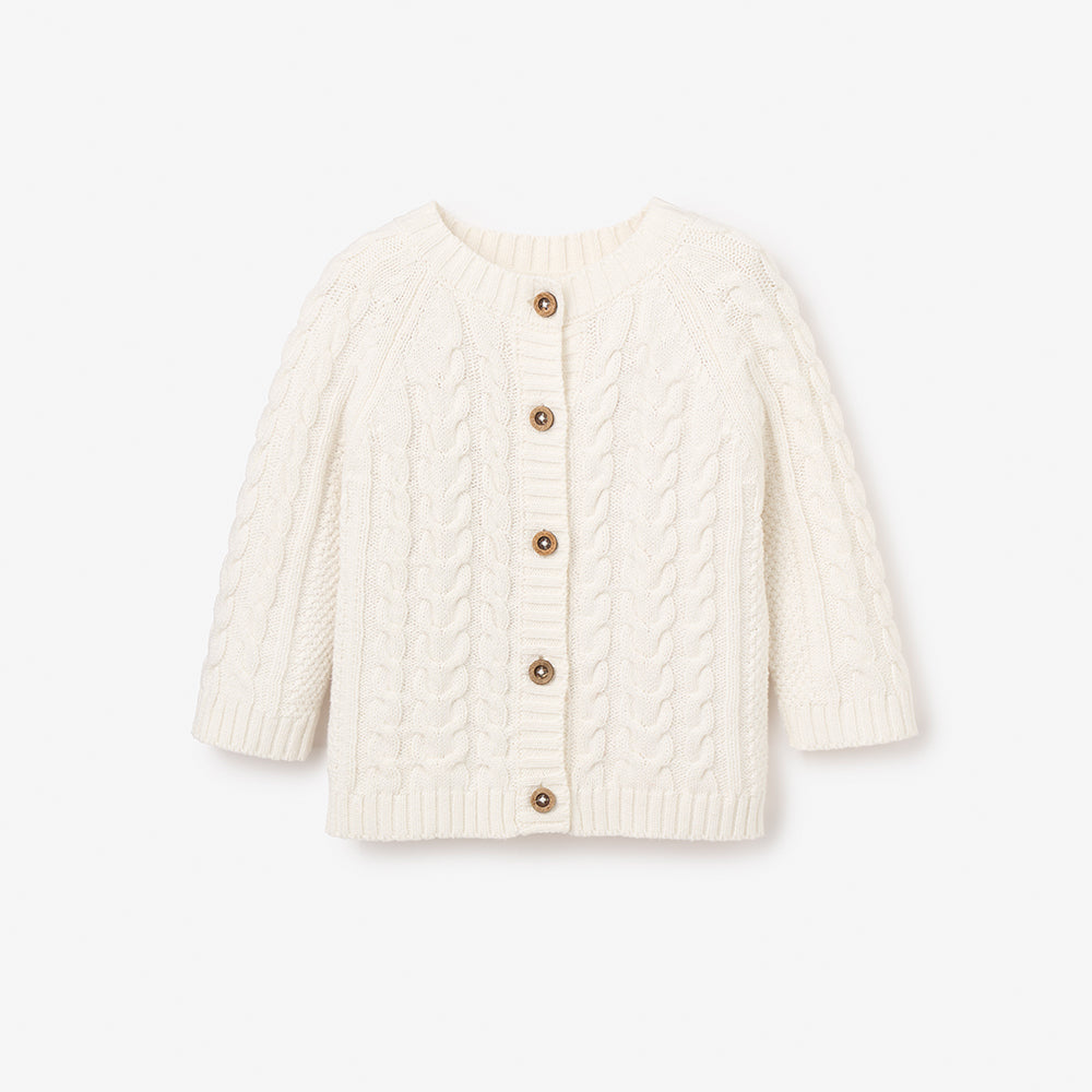 Whisper White Horseshoe Cable Knit Baby Cardigan – Elegant Baby
