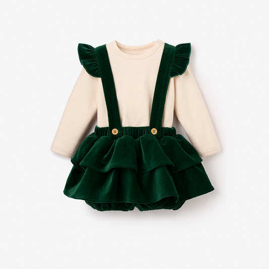 Green Velvet Ruffle Bloomer with Straps & Bodysuit