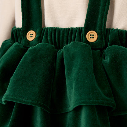 Green Velvet Ruffle Bloomer with Straps & Bodysuit