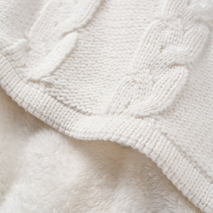 White Cotton/Acrylic Cable Fur Back Blanket