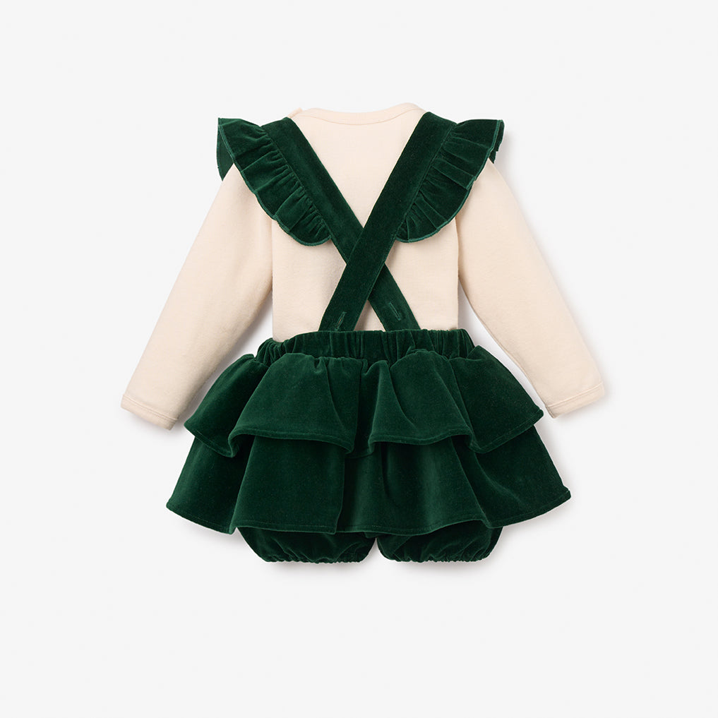 Green Velvet Ruffle Bloomer with Straps & Bodysuit