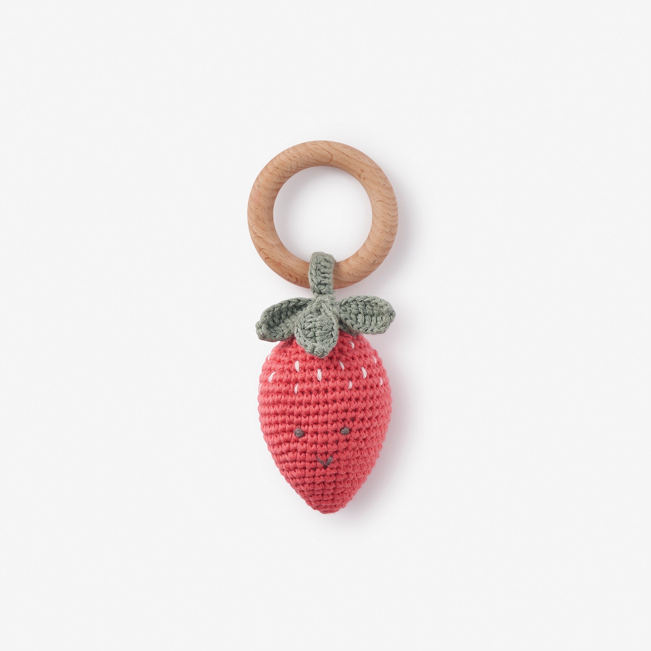 Scarlett the Strawberry Hand-Crocheted Wood Ring Rattle – Elegant Baby