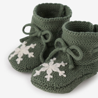 Green Snowflake Garter Knit Baby Booties