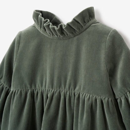 Green Velvet Ruffle Collar Dress