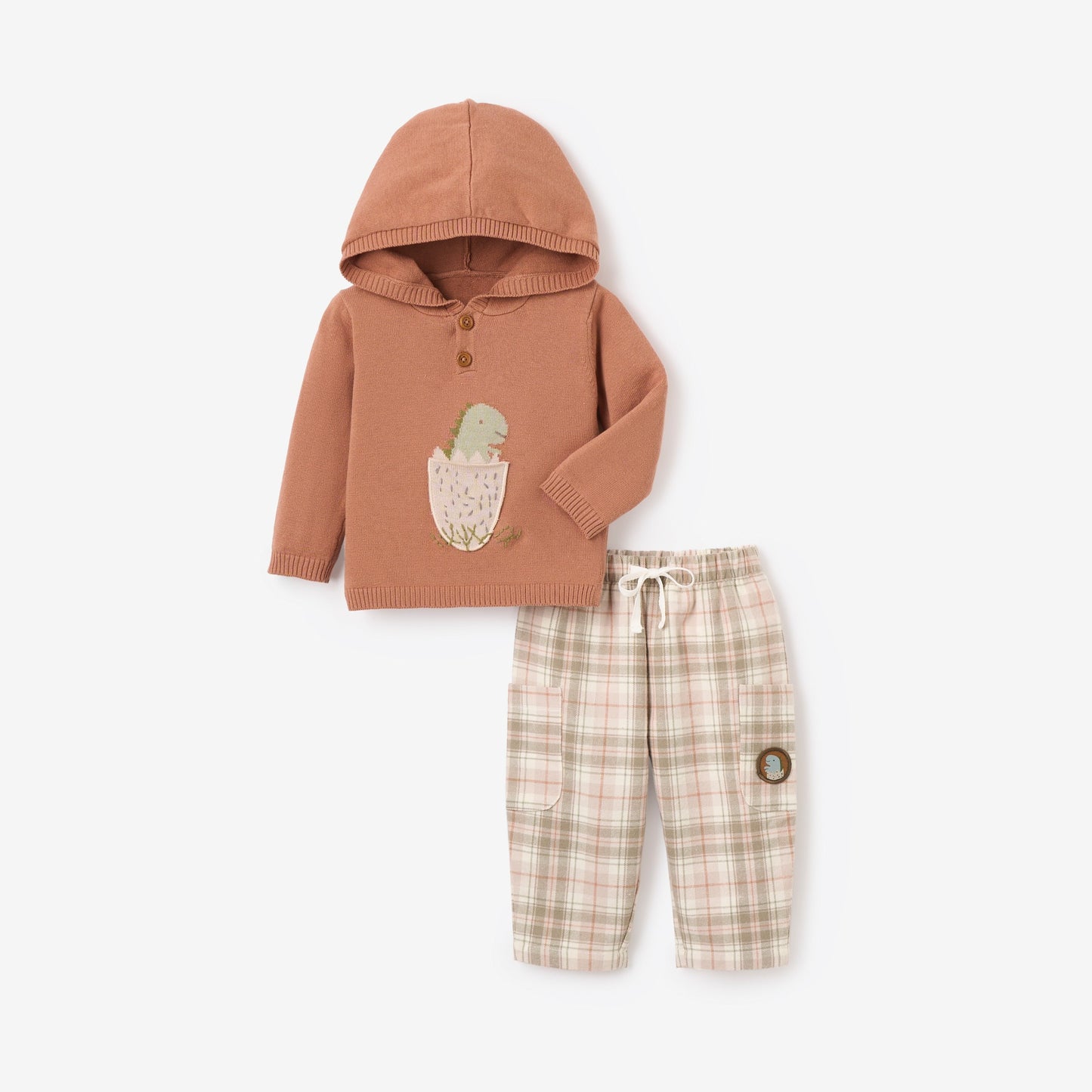 Dinosaur Hooded Sweater + Plaid Pant Set