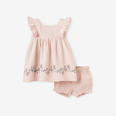 Blush Embroidered Organic Muslin Dress w/Blmr