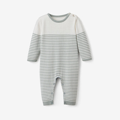 Sage Mini Stripe Cotton Knit Baby Jumpsuit