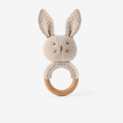 Taupe Knit Cotton Bunny Ring Rattle