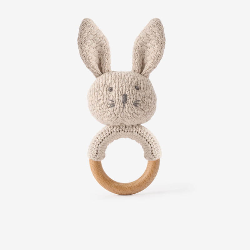 Taupe Knit Cotton Bunny Ring Rattle