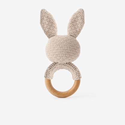Taupe Knit Cotton Bunny Ring Rattle