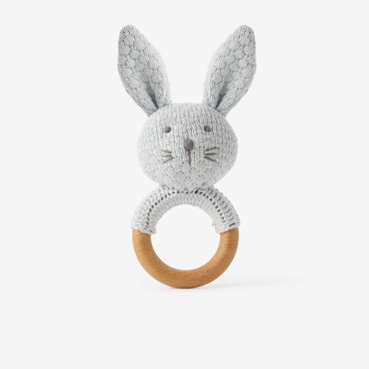 Pale Blue Knit Cotton Bunny Ring Rattle