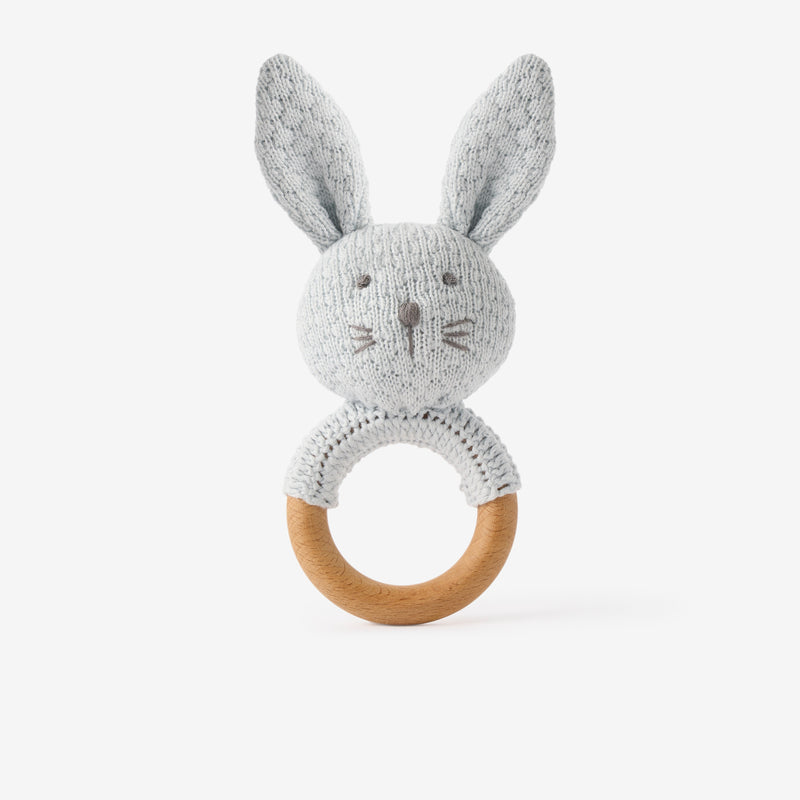 Pale Blue Knit Cotton Bunny Ring Rattle