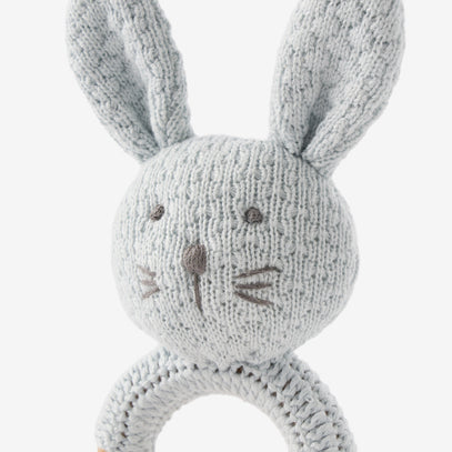 Pale Blue Knit Cotton Bunny Ring Rattle