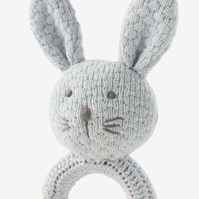 Pale Blue Knit Cotton Bunny Ring Rattle