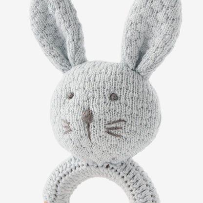 Pale Blue Knit Cotton Bunny Ring Rattle