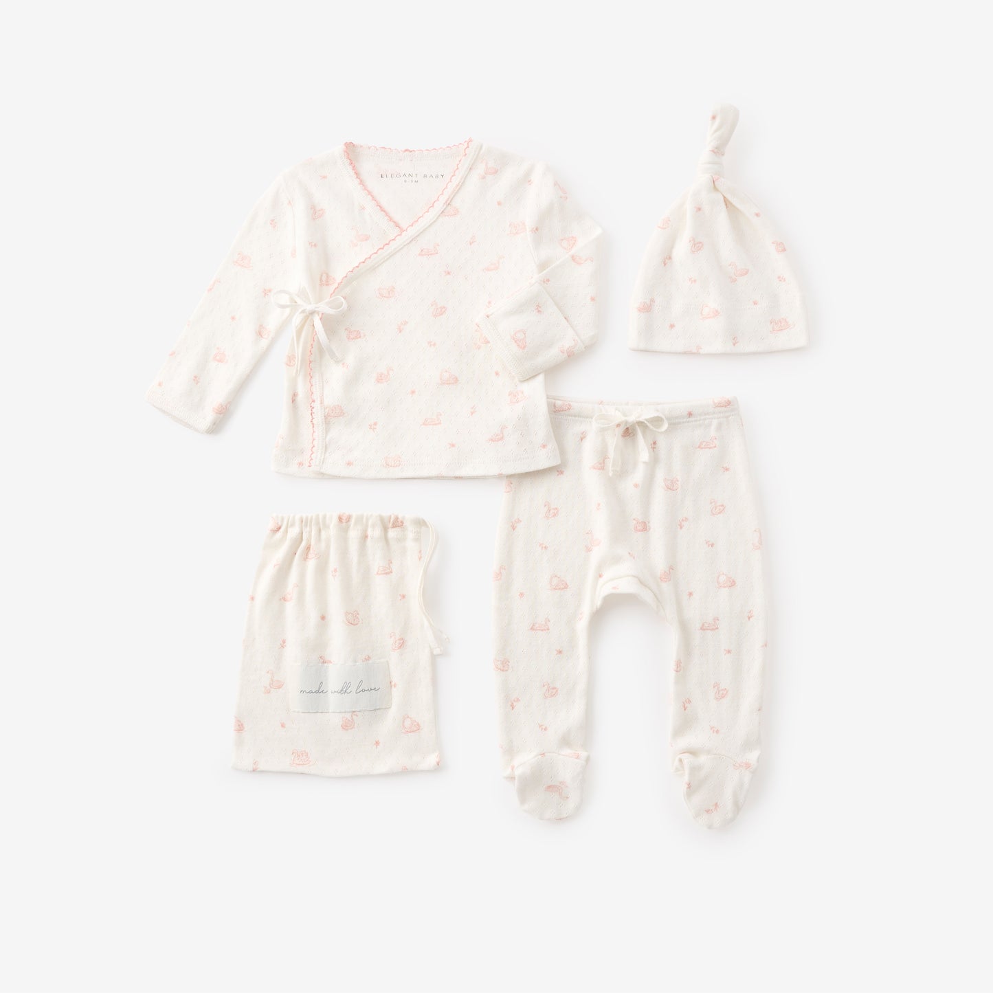 Pink Swan Print Organic Cotton Pointelle Layette 3 Pc Gift Set