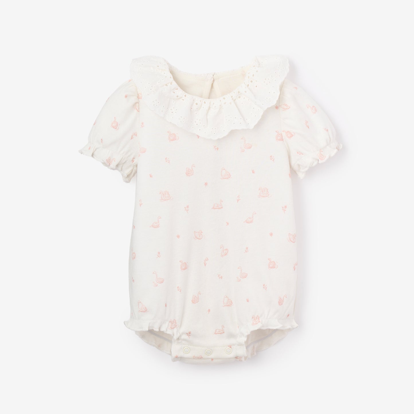 Pink Swan Print Organic Cotton Pointelle Baby Bubble Romper