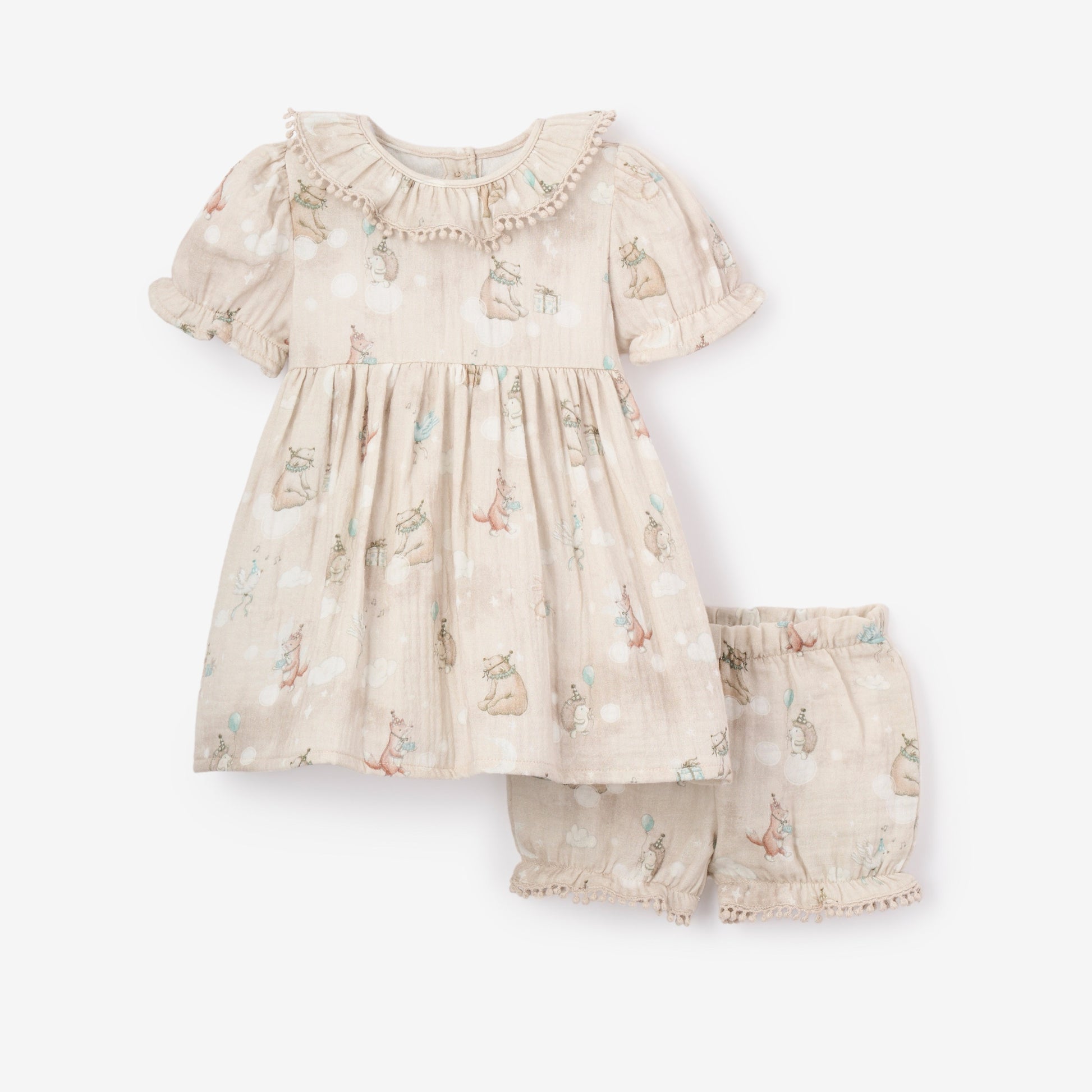 Birthday Print Organic Cotton Muslin Dress - WHEAT / 9-12M Birthday Print Organic Cotton Muslin Dress - WHEAT / 9-12M