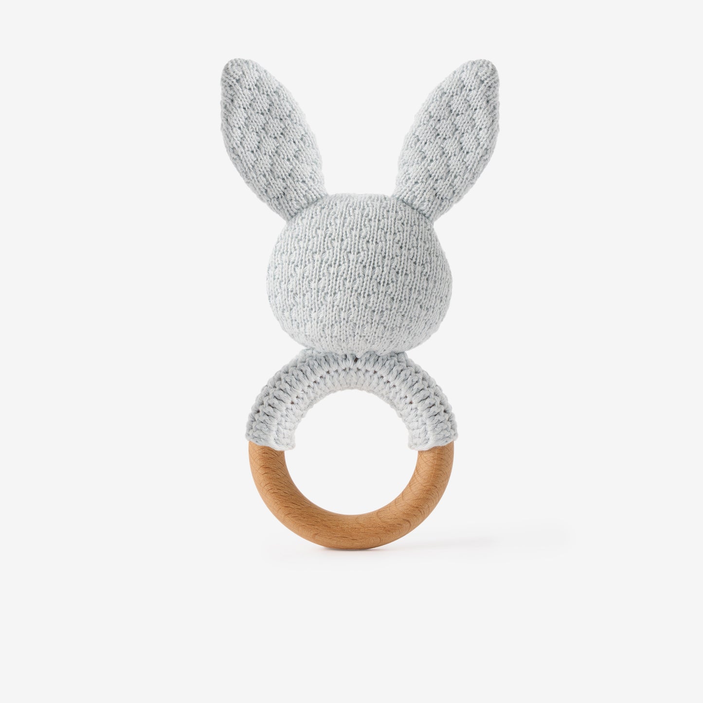 Pale Blue Knit Cotton Bunny Ring Rattle