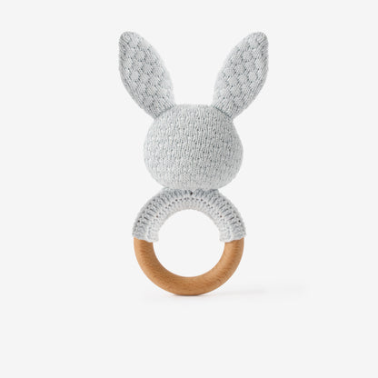 Pale Blue Knit Cotton Bunny Ring Rattle