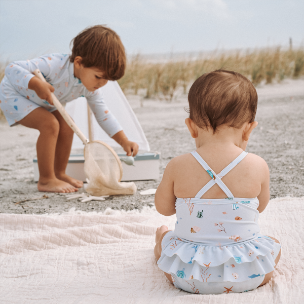 Pale Blue Ocean Adventure Baby Ruffle Swimsuit