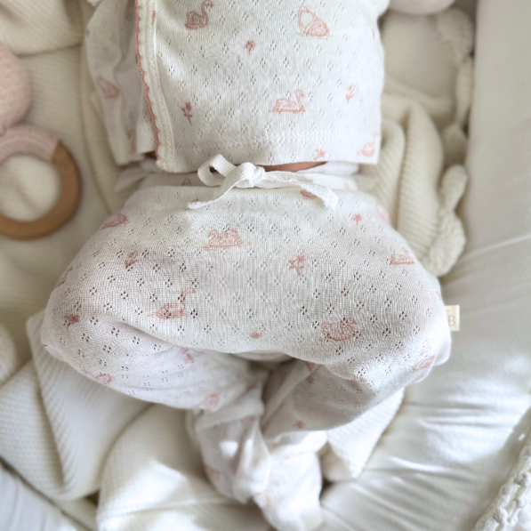 Pink Swan Print Organic Cotton Pointelle Layette 3 Pc Gift Set