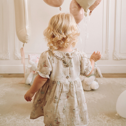 cotton birthday dresses Floral Toddler Girl First Dress Made From White Organic Cotton, Easter Toddler Summer Outfit, Newborn Outfit this darling organic muslin dress with matching shorts has a party hat topped birthday bear with friends bringing wrapped presents to the party Baby Girls Summer Birthdays Dresses