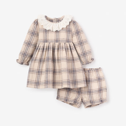 Neutral Plaid Eyelet Collared Dress + Bloomer