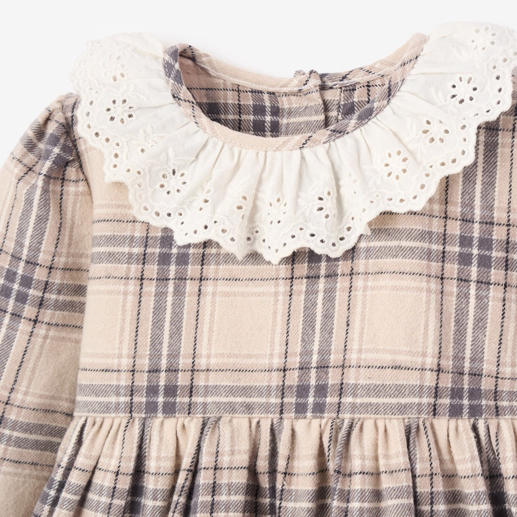 Neutral Plaid Eyelet Collared Dress + Bloomer